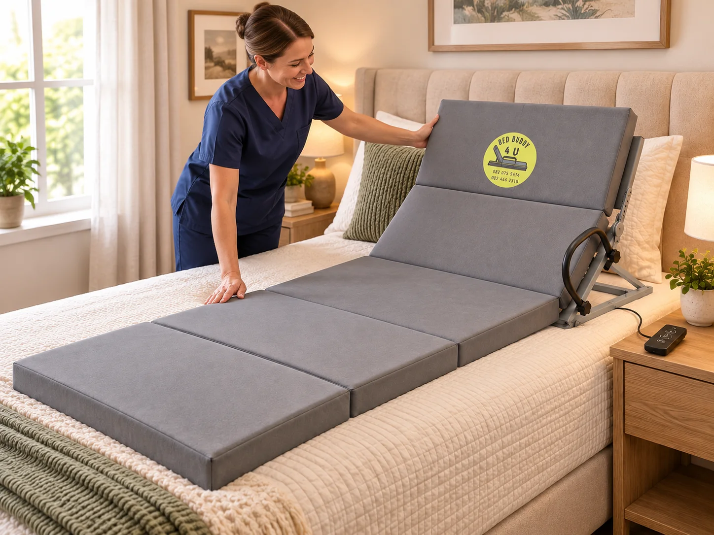 Caregiver checking a Bed Buddy adjustable support system positioned on top of a mattress