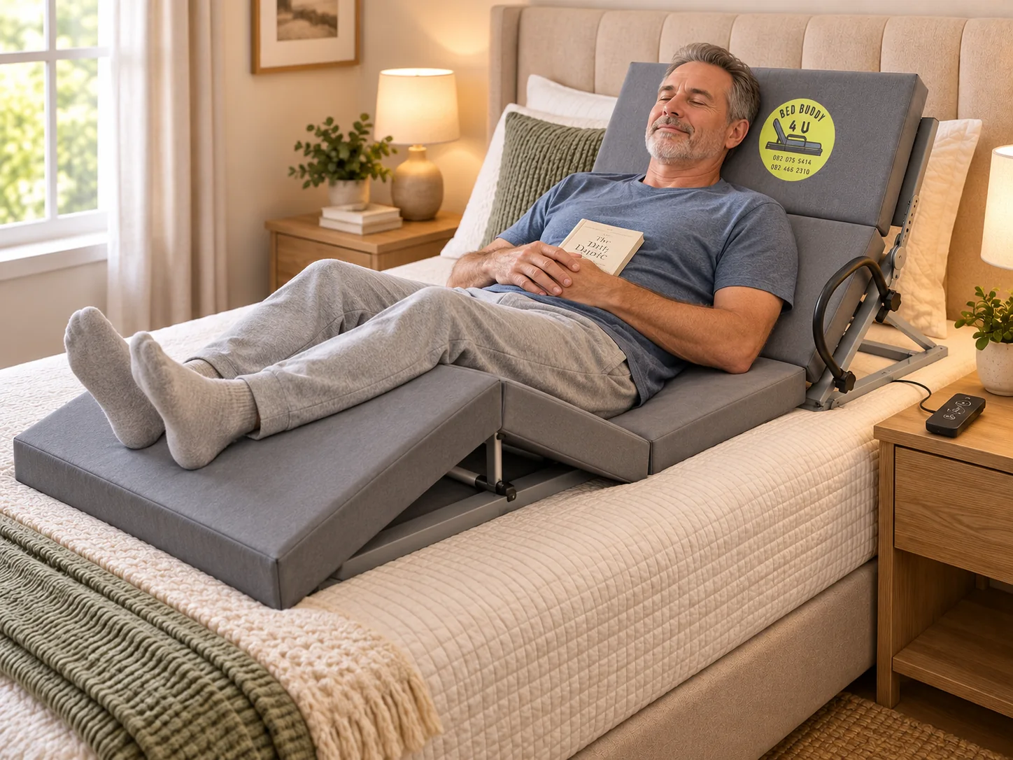 Person using Bed Buddy with supported leg positioning on top of an existing mattress
